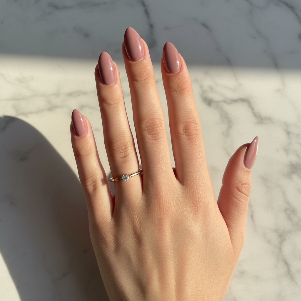 Fresh gel manicure in a soft mauve shade with glossy almond-shaped nails