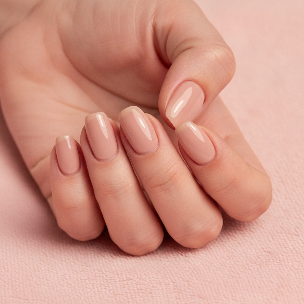 Glossy nude gel nails with a natural high-shine finish on a relaxed hand