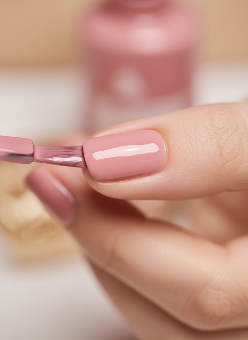 A brush applying glossy gel polish precisely onto a client's nail at the Jolis Ongles studio in Dorval