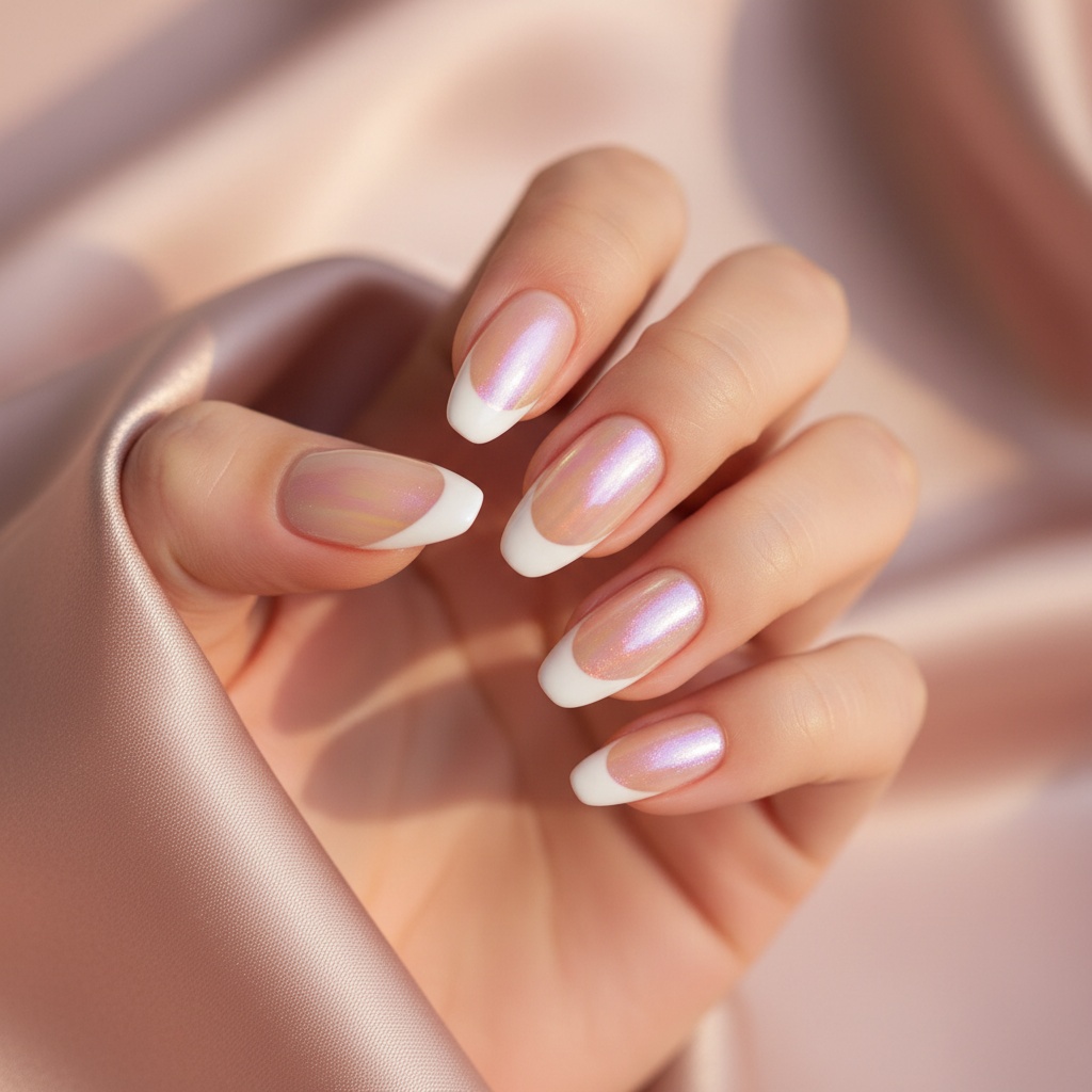 French-tip gel nails with a subtle chrome shimmer accent